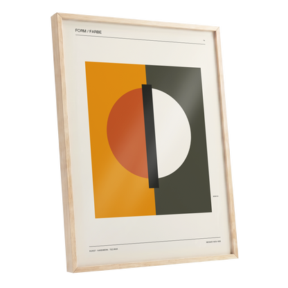 Split Orbit, orange, green, beige minimalist wall art shown as a oak framed poster wall art print