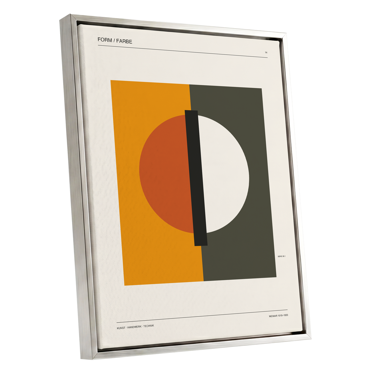 Split Orbit, orange, green, beige minimalist wall art shown as a silver framed canvas wall art