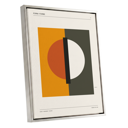 Split Orbit, orange, green, beige minimalist wall art shown as a silver framed canvas wall art