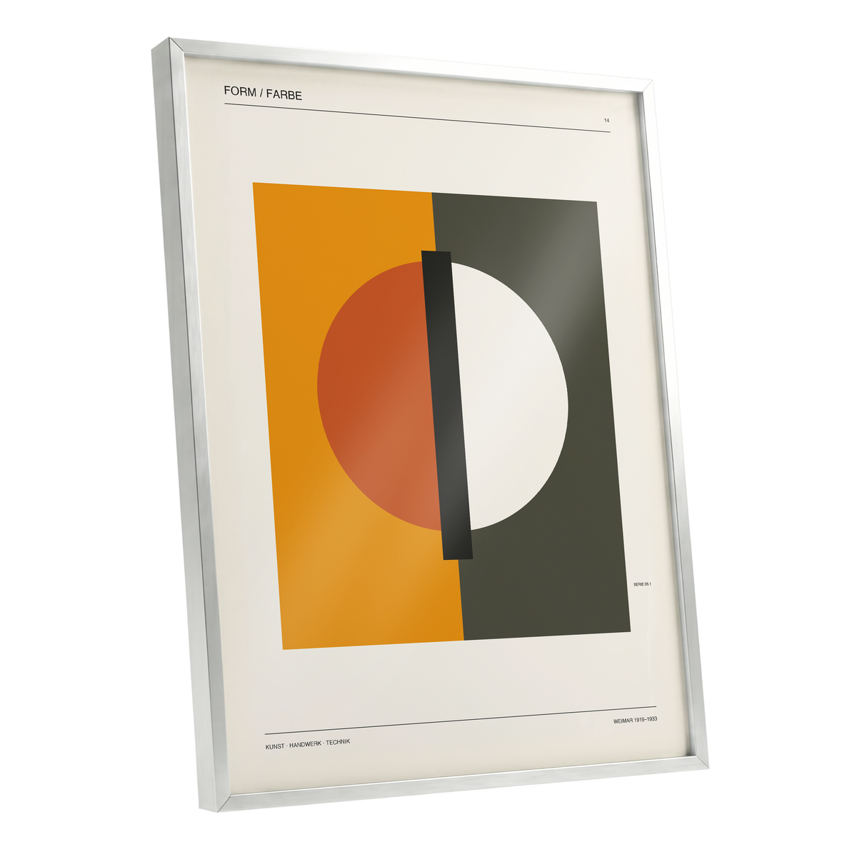Split Orbit, orange, green, beige minimalist wall art shown as a silver framed poster wall art print