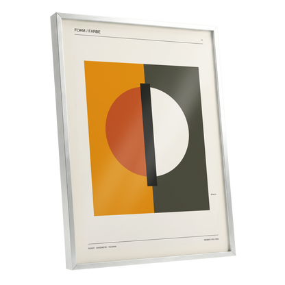 Split Orbit, orange, green, beige minimalist wall art shown as a silver framed poster wall art print