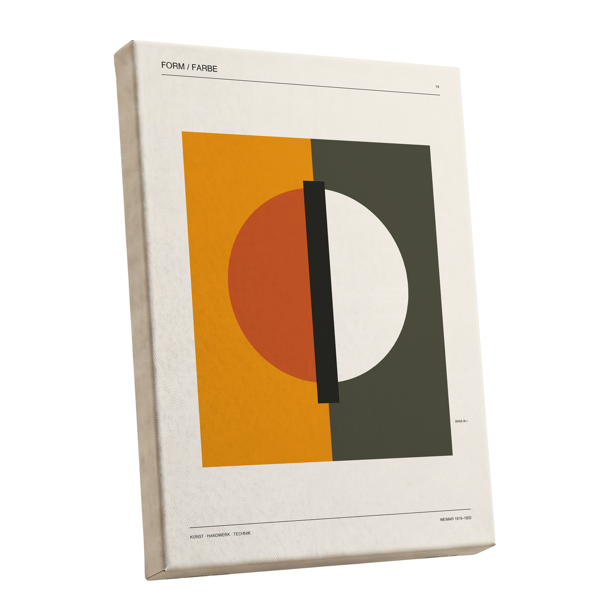 Split Orbit, orange, green, beige minimalist wall art shown as a stretched canvas wall art