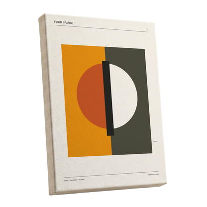 Split Orbit, orange, green, beige minimalist wall art shown as a stretched canvas wall art