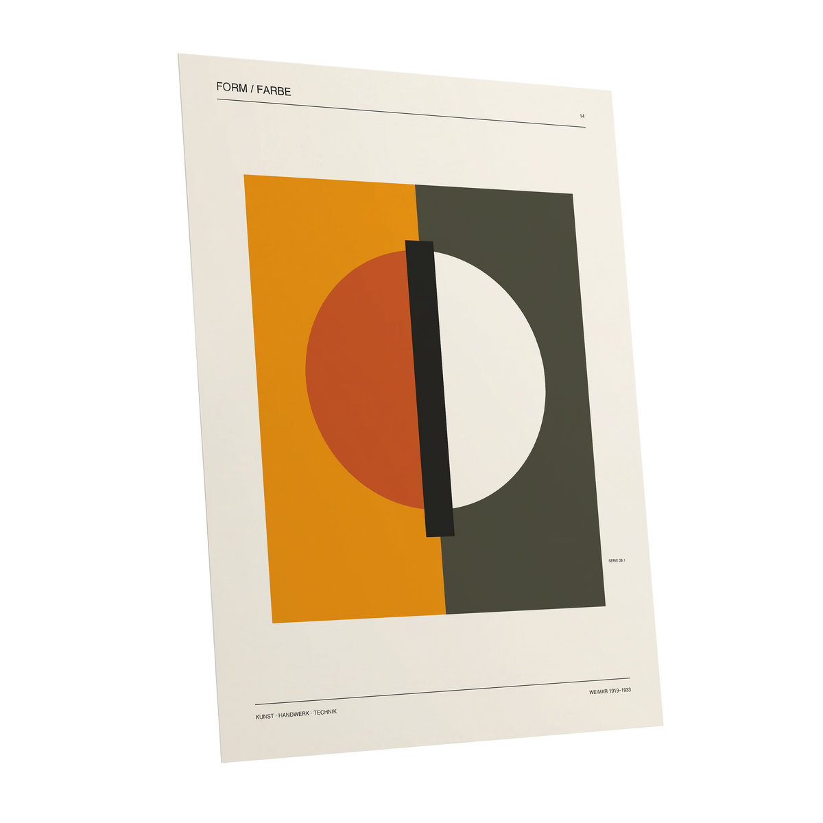 Split Orbit, orange, green, beige minimalist wall art shown as a unframed poster wall art print