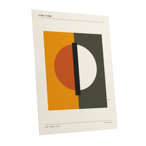 Split Orbit, orange, green, beige minimalist wall art shown as a unframed poster wall art print
