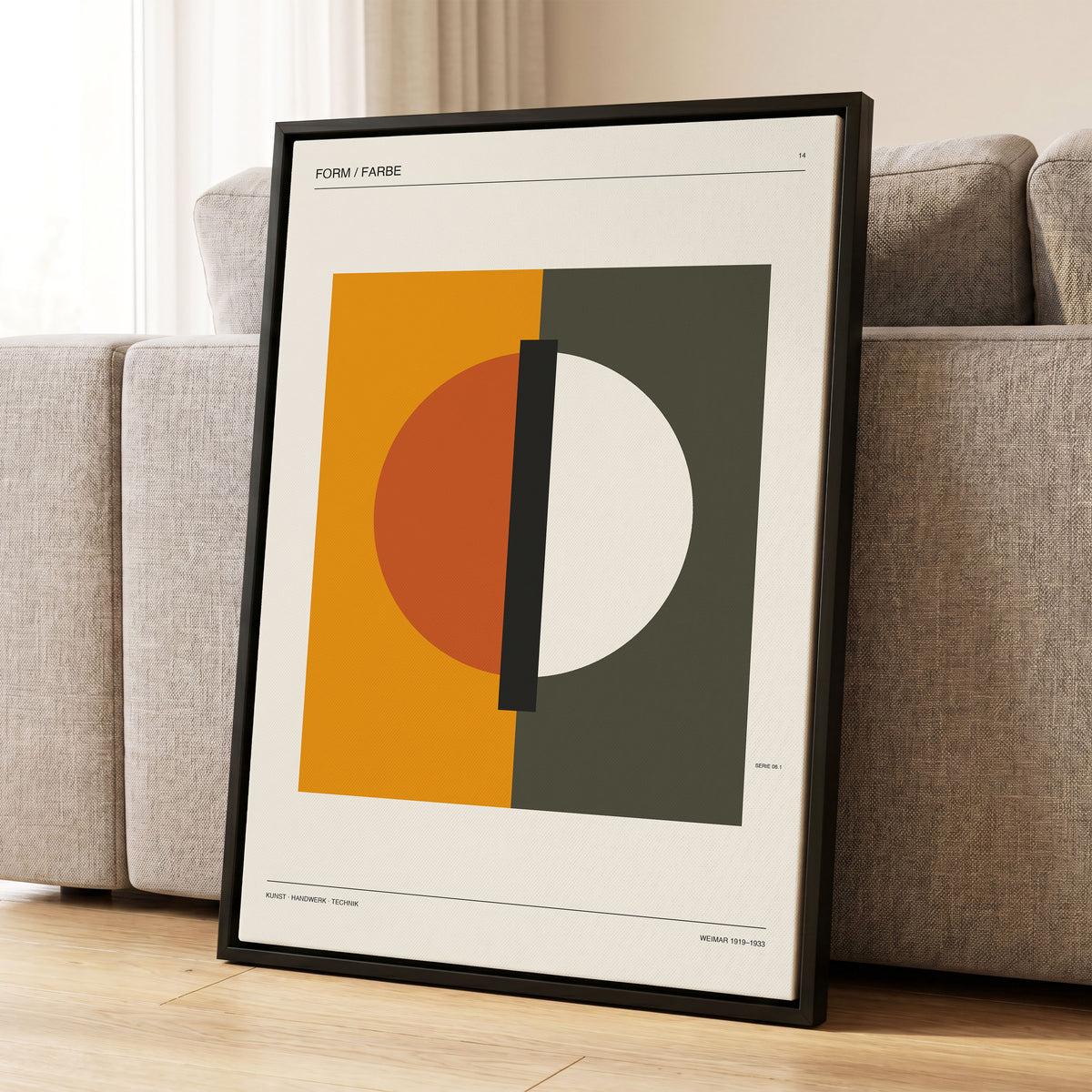 Split Orbit, orange, green, beige minimalist wall art displayed in a styled interior, gallery view 1