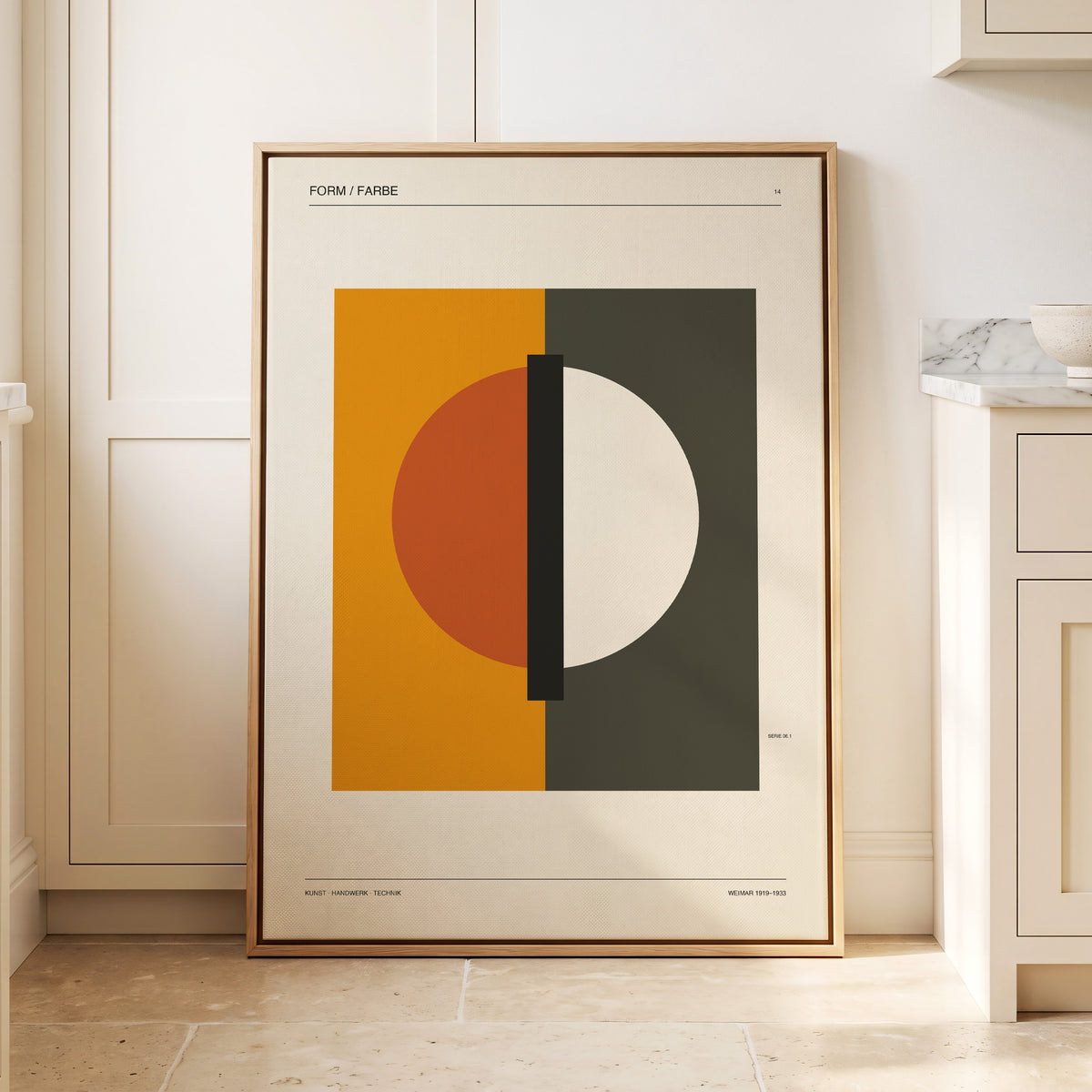 Split Orbit, orange, green, beige minimalist wall art displayed in a styled interior, gallery view 2