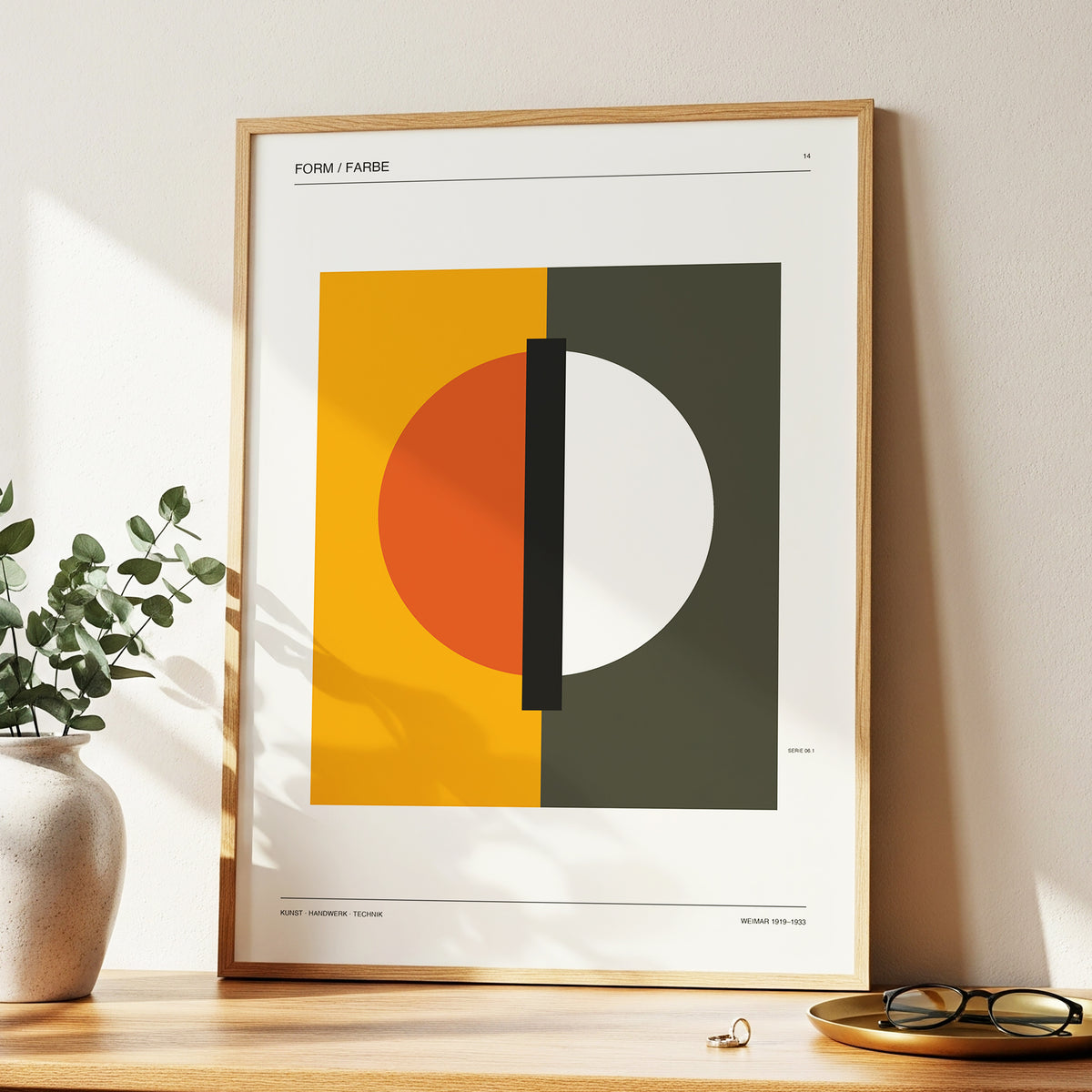 Split Orbit, orange, green, beige minimalist wall art displayed in a styled interior, gallery view 3