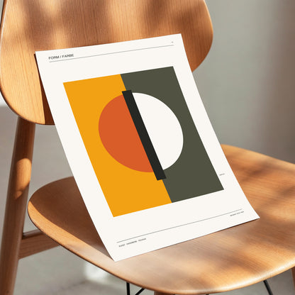 Split Orbit, orange, green, beige minimalist wall art displayed in a styled interior, gallery view 4