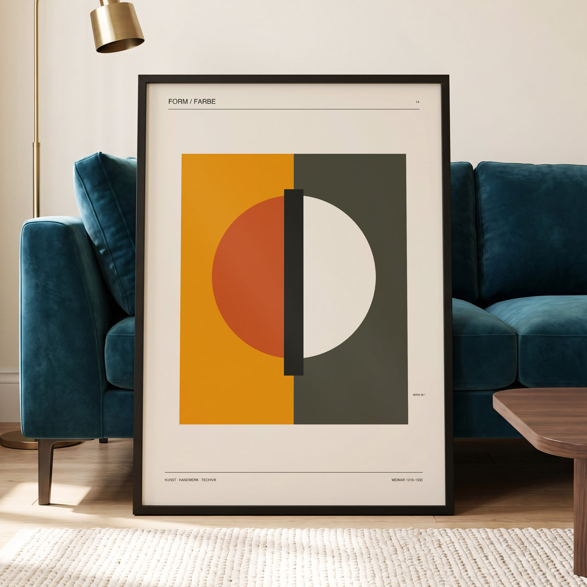 Split Orbit, orange, green, beige minimalist wall art displayed in a styled interior, gallery view 5