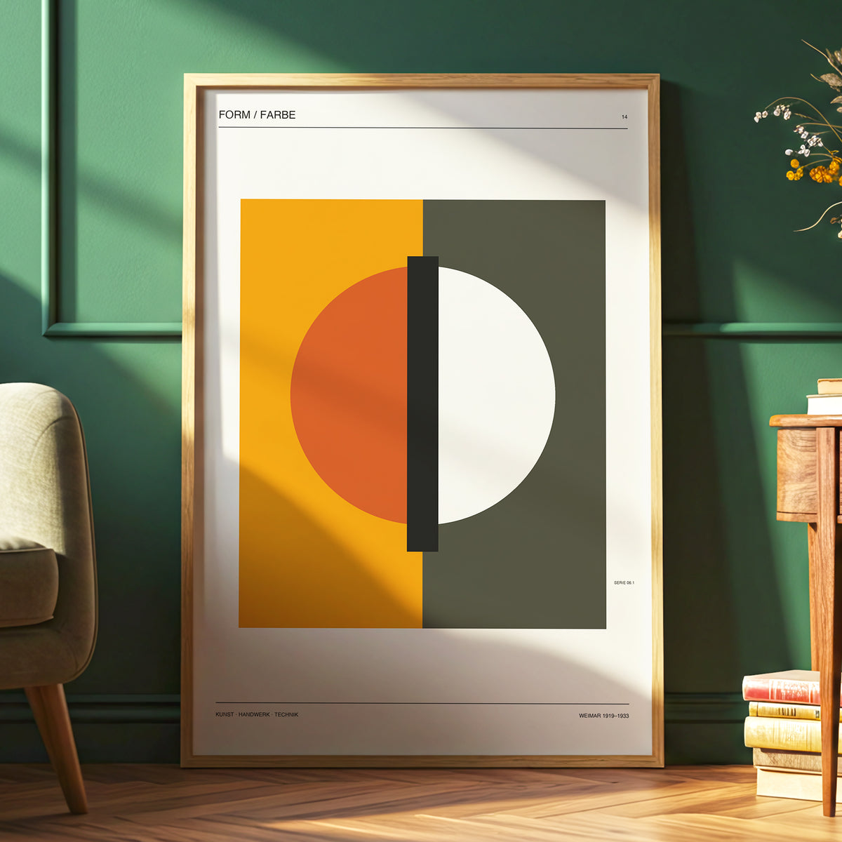 Split Orbit, orange, green, beige minimalist wall art displayed in a styled interior, gallery view 6
