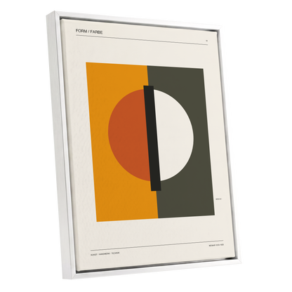 Split Orbit, orange, green, beige minimalist wall art shown as a white framed canvas wall art