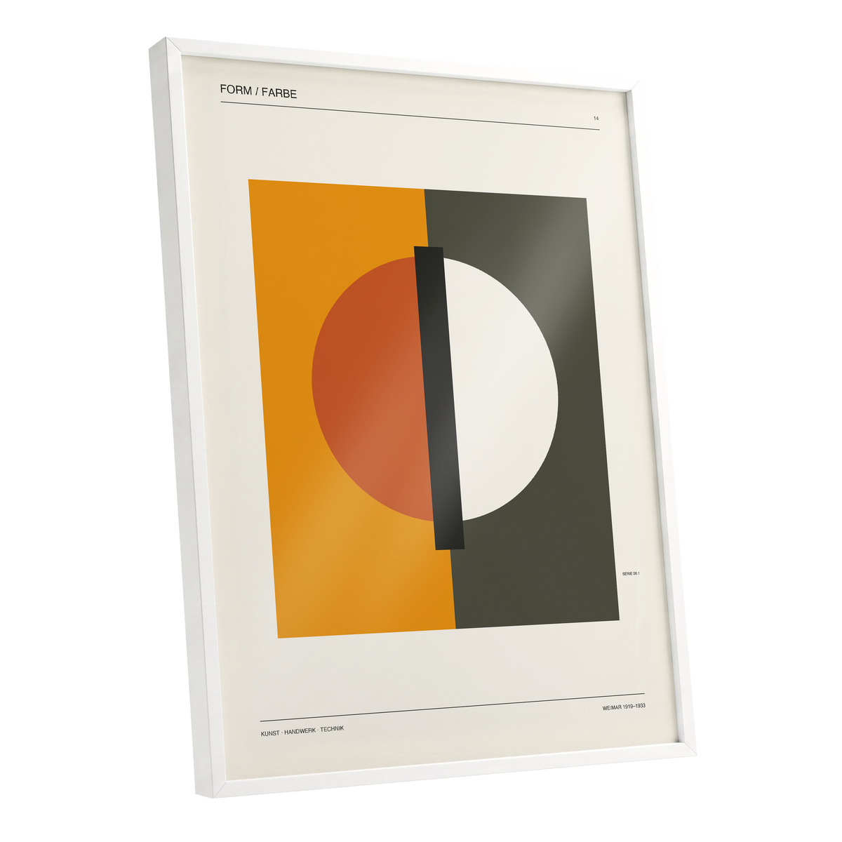 Split Orbit, orange, green, beige minimalist wall art shown as a white framed poster wall art print