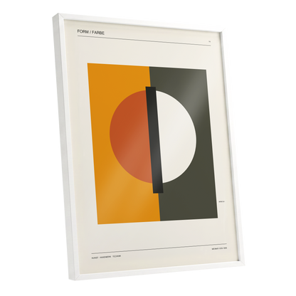 Split Orbit, orange, green, beige minimalist wall art shown as a white framed poster wall art print