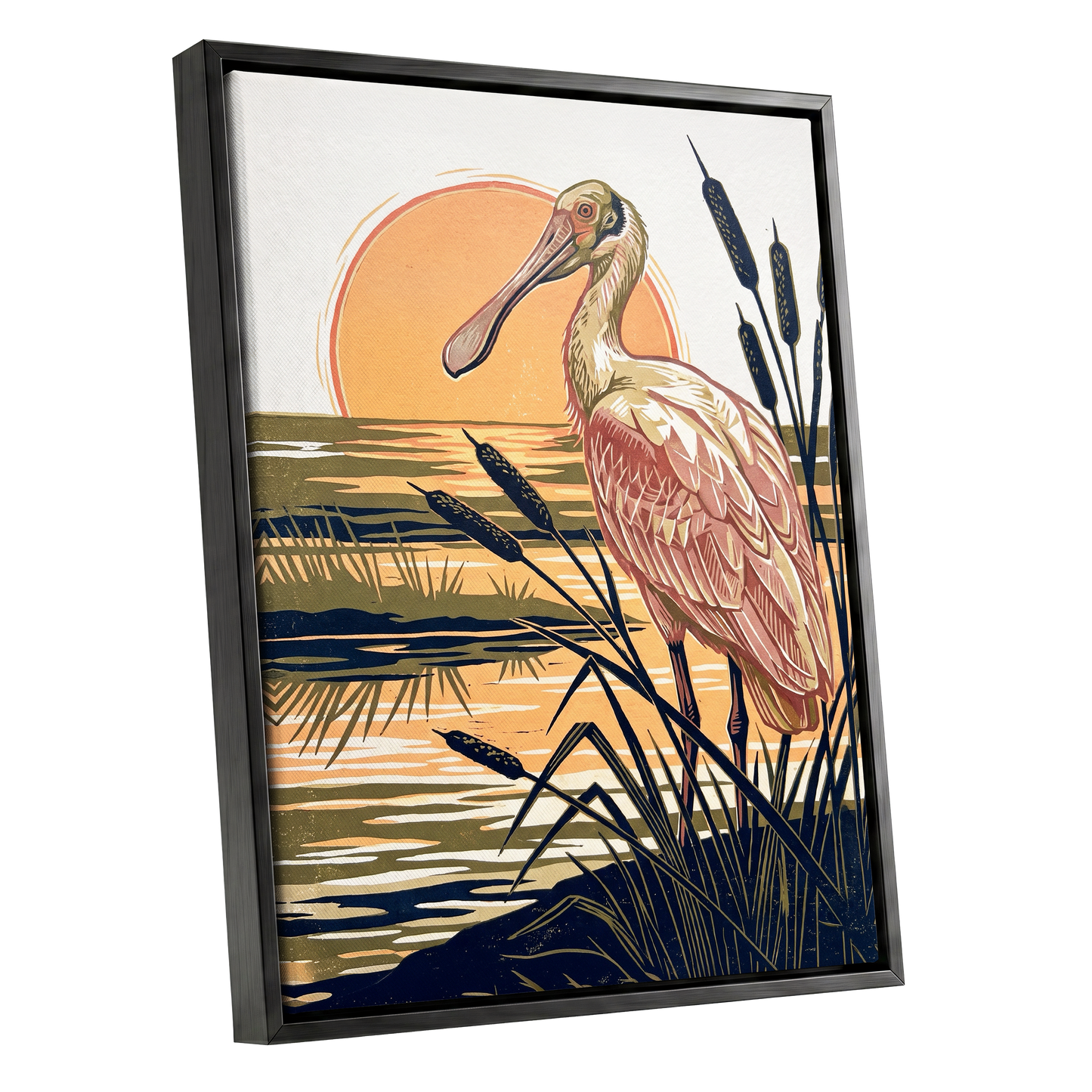 Spoonbill at Sunset, orange, blue, beige nature wall art shown as a black framed canvas wall art