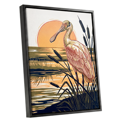Spoonbill at Sunset, orange, blue, beige nature wall art shown as a black framed canvas wall art
