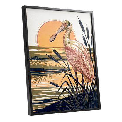 Spoonbill at Sunset, orange, blue, beige nature wall art shown as a black framed poster wall art print