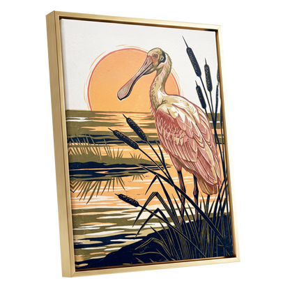 Spoonbill at Sunset, orange, blue, beige nature wall art shown as a gold framed canvas wall art
