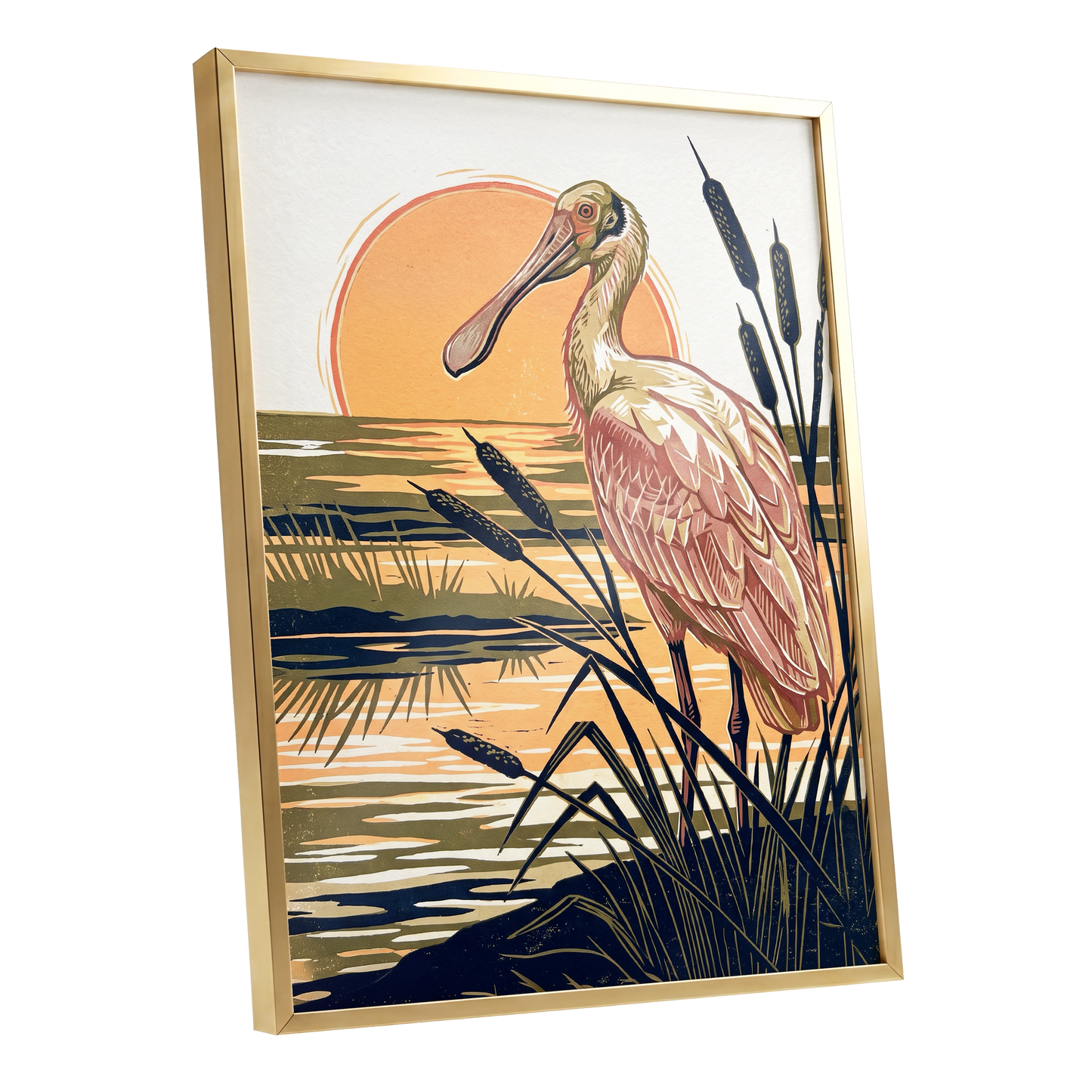 Spoonbill at Sunset, orange, blue, beige nature wall art shown as a gold framed poster wall art print
