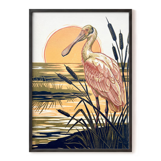 Spoonbill at Sunset, orange, blue, beige nature wall art, front artwork view