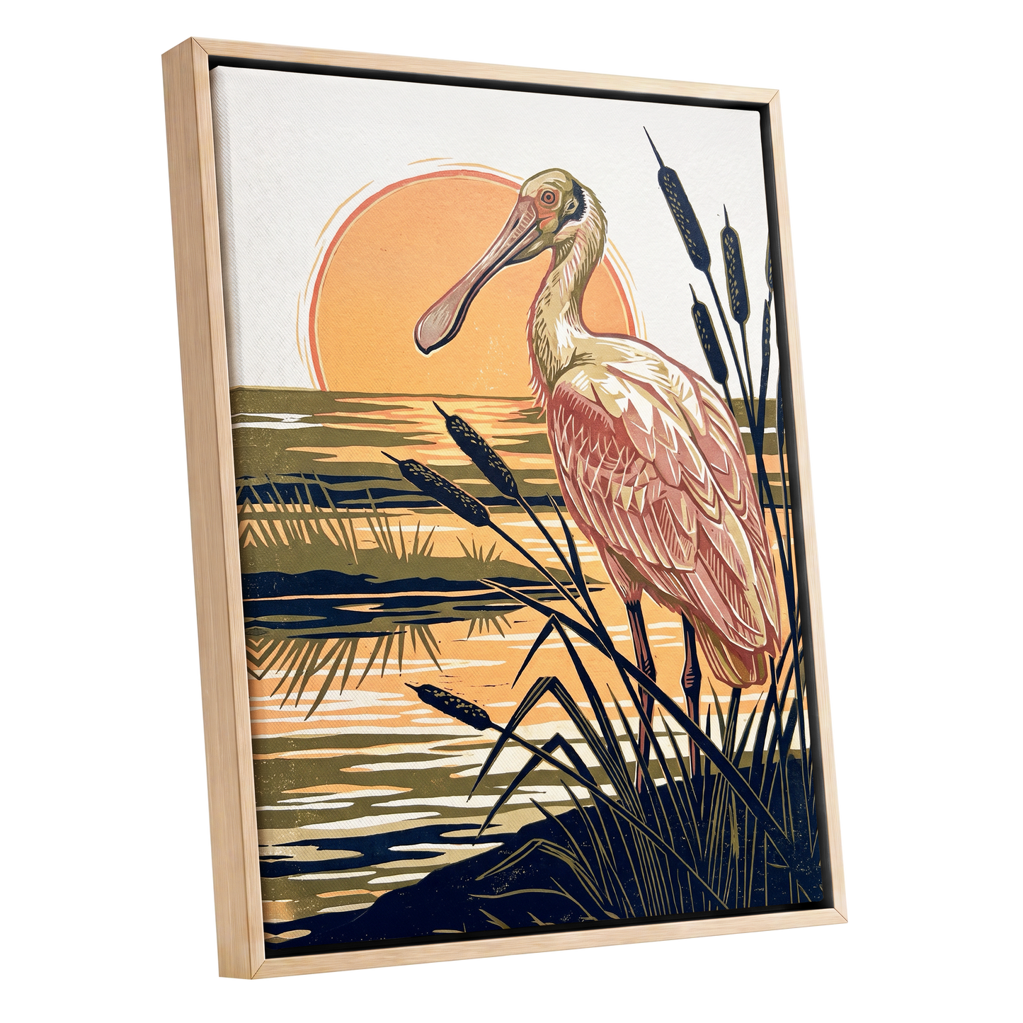 Spoonbill at Sunset, orange, blue, beige nature wall art shown as a oak framed canvas wall art