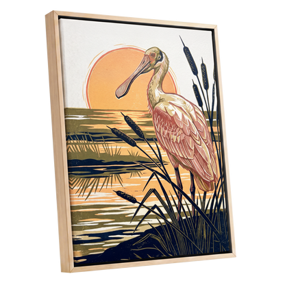 Spoonbill at Sunset, orange, blue, beige nature wall art shown as a oak framed canvas wall art