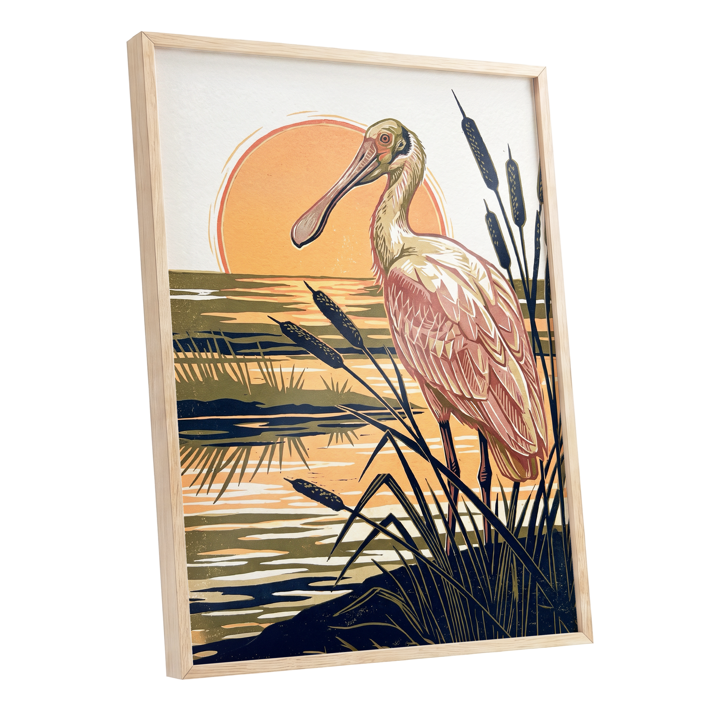 Spoonbill at Sunset, orange, blue, beige nature wall art shown as a oak framed poster wall art print