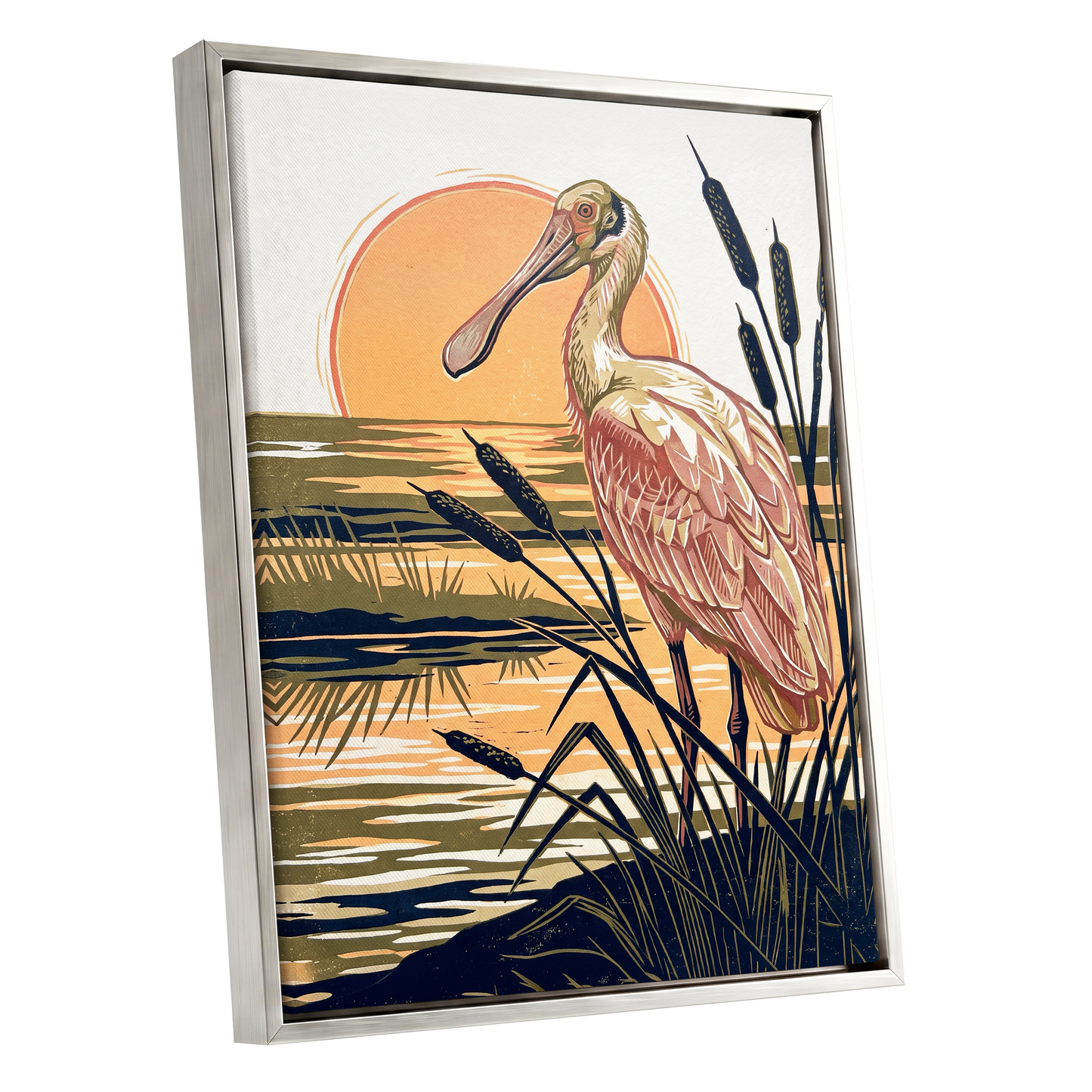 Spoonbill at Sunset, orange, blue, beige nature wall art shown as a silver framed canvas wall art