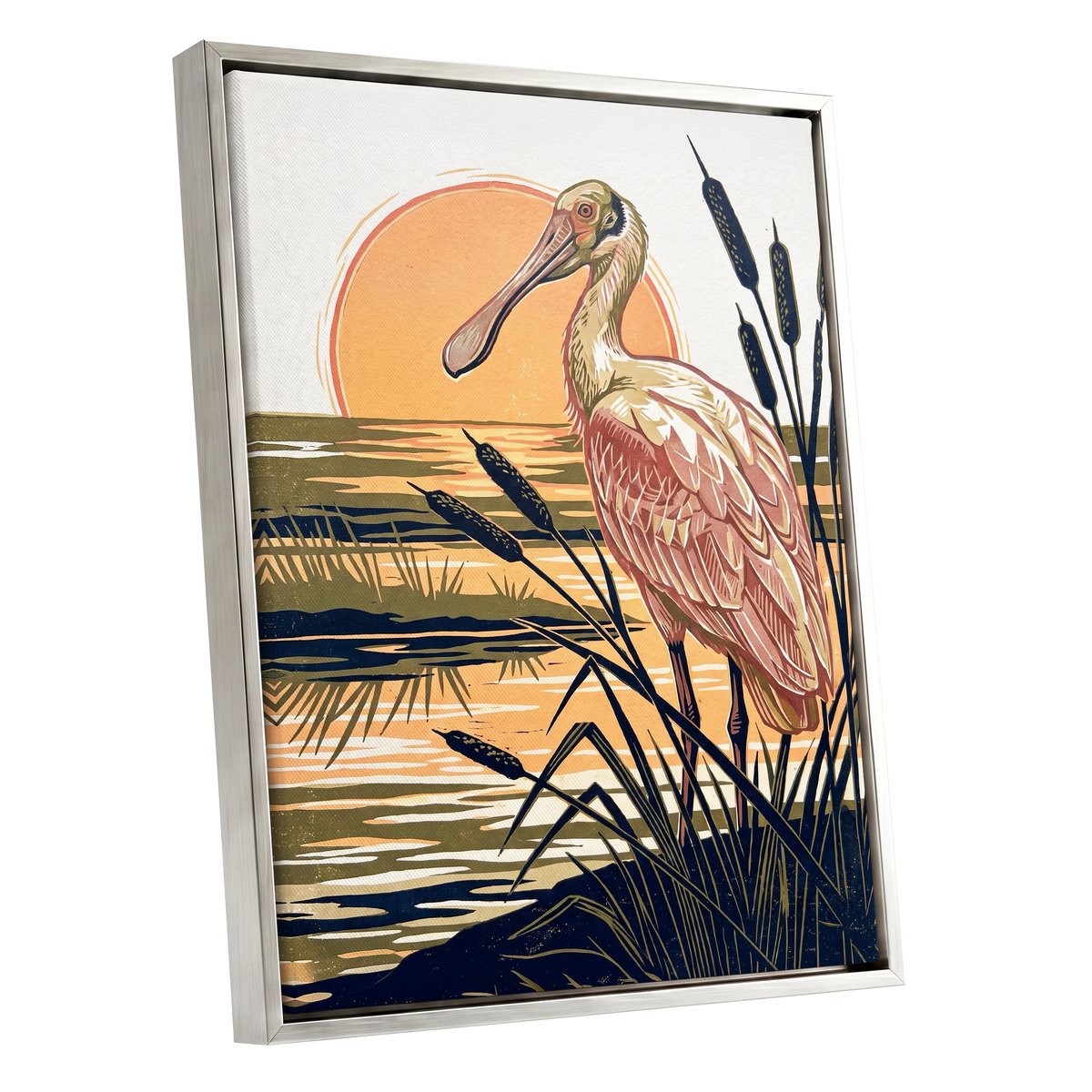 Spoonbill at Sunset, orange, blue, beige nature wall art shown as a silver framed canvas wall art