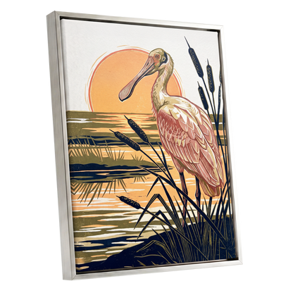Spoonbill at Sunset, orange, blue, beige nature wall art shown as a silver framed canvas wall art