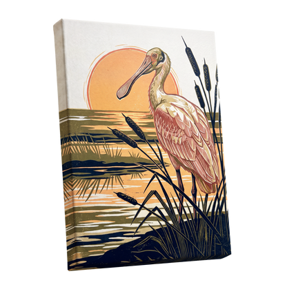 Spoonbill at Sunset, orange, blue, beige nature wall art shown as a stretched canvas wall art