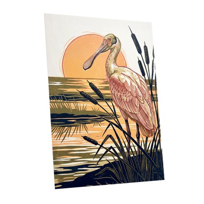Spoonbill at Sunset, orange, blue, beige nature wall art shown as a unframed poster wall art print