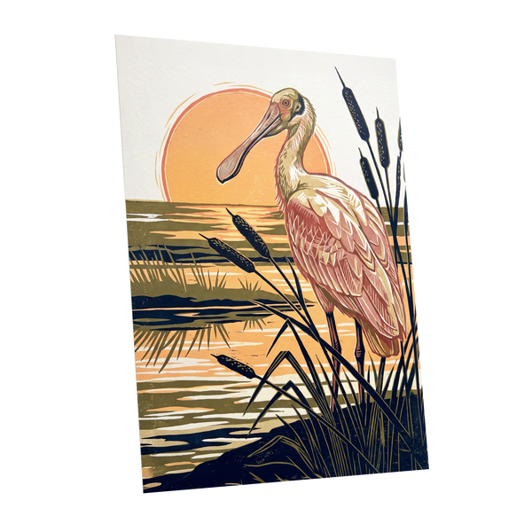 Spoonbill at Sunset, orange, blue, beige nature wall art shown as a unframed poster wall art print