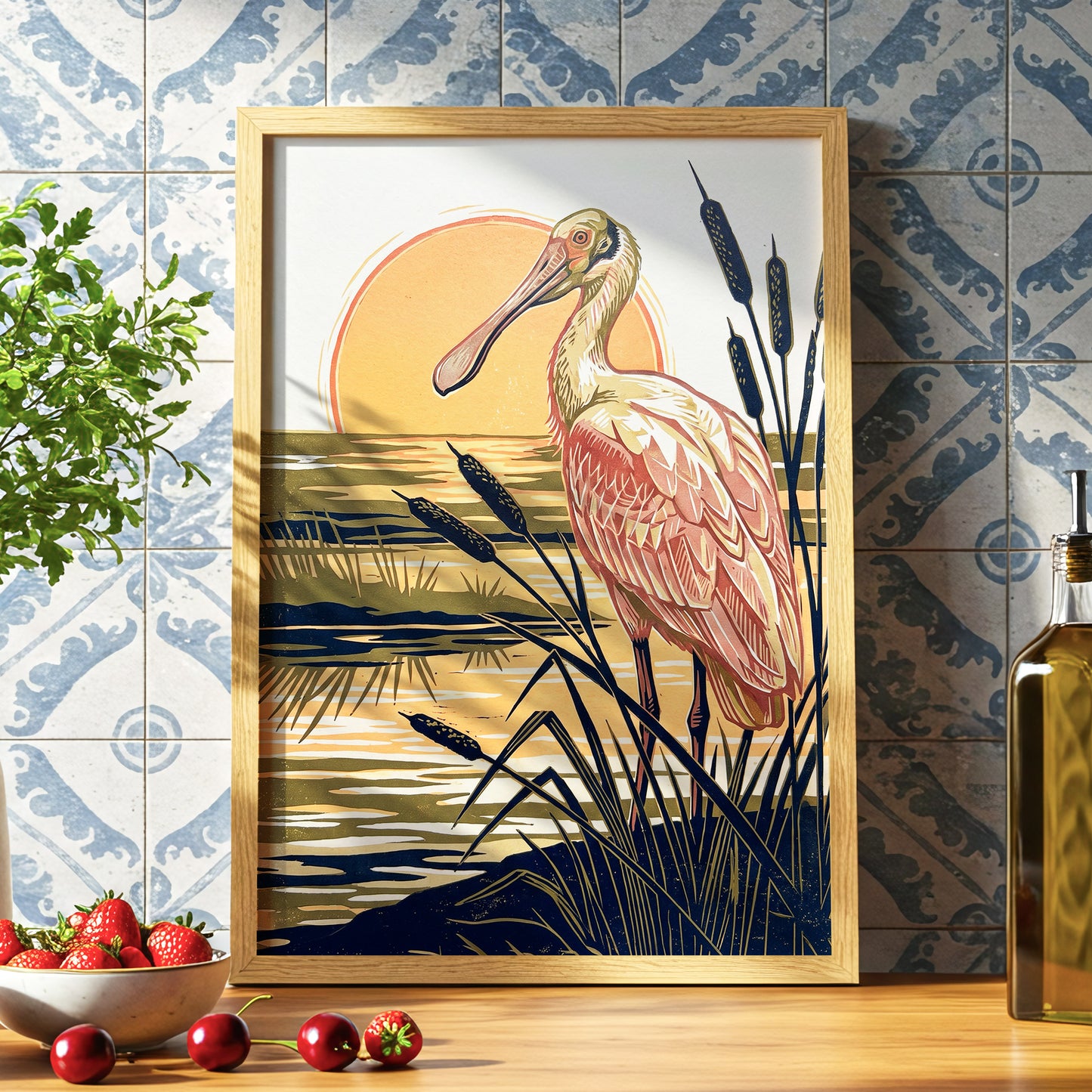 Spoonbill at Sunset, orange, blue, beige nature wall art displayed in a styled interior, gallery view 2