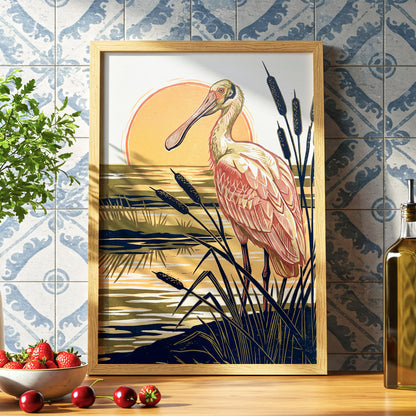 Spoonbill at Sunset, orange, blue, beige nature wall art displayed in a styled interior, gallery view 2