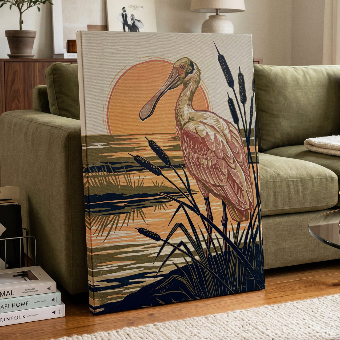Spoonbill at Sunset, orange, blue, beige nature wall art displayed in a styled interior, gallery view 3