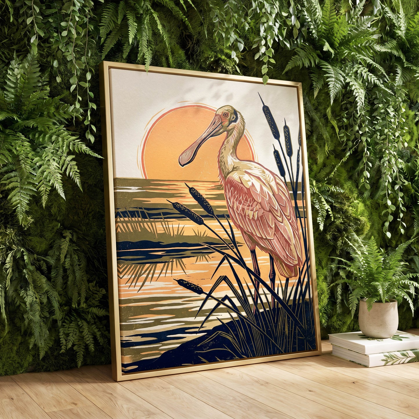 Spoonbill at Sunset, orange, blue, beige nature wall art displayed in a styled interior, gallery view 4