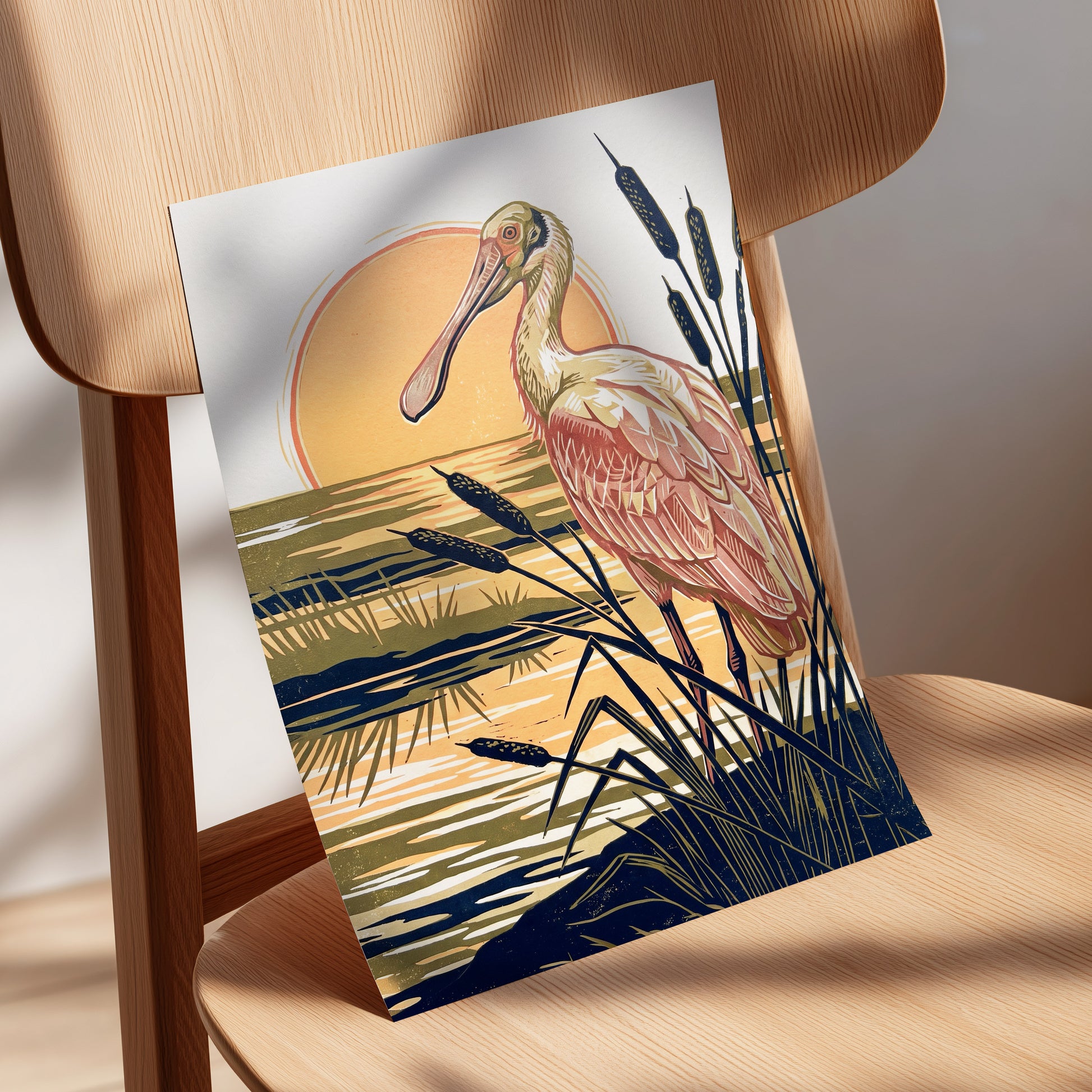 Spoonbill at Sunset, orange, blue, beige nature wall art displayed in a styled interior, gallery view 5