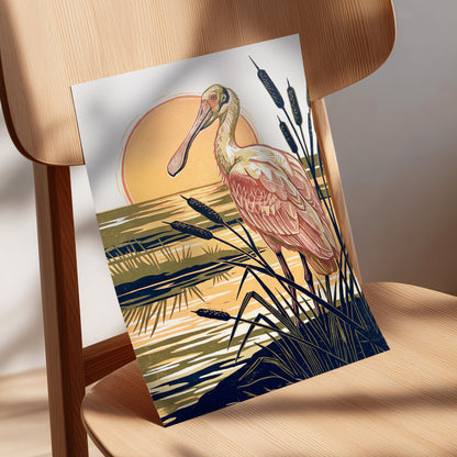 Spoonbill at Sunset, orange, blue, beige nature wall art displayed in a styled interior, gallery view 5