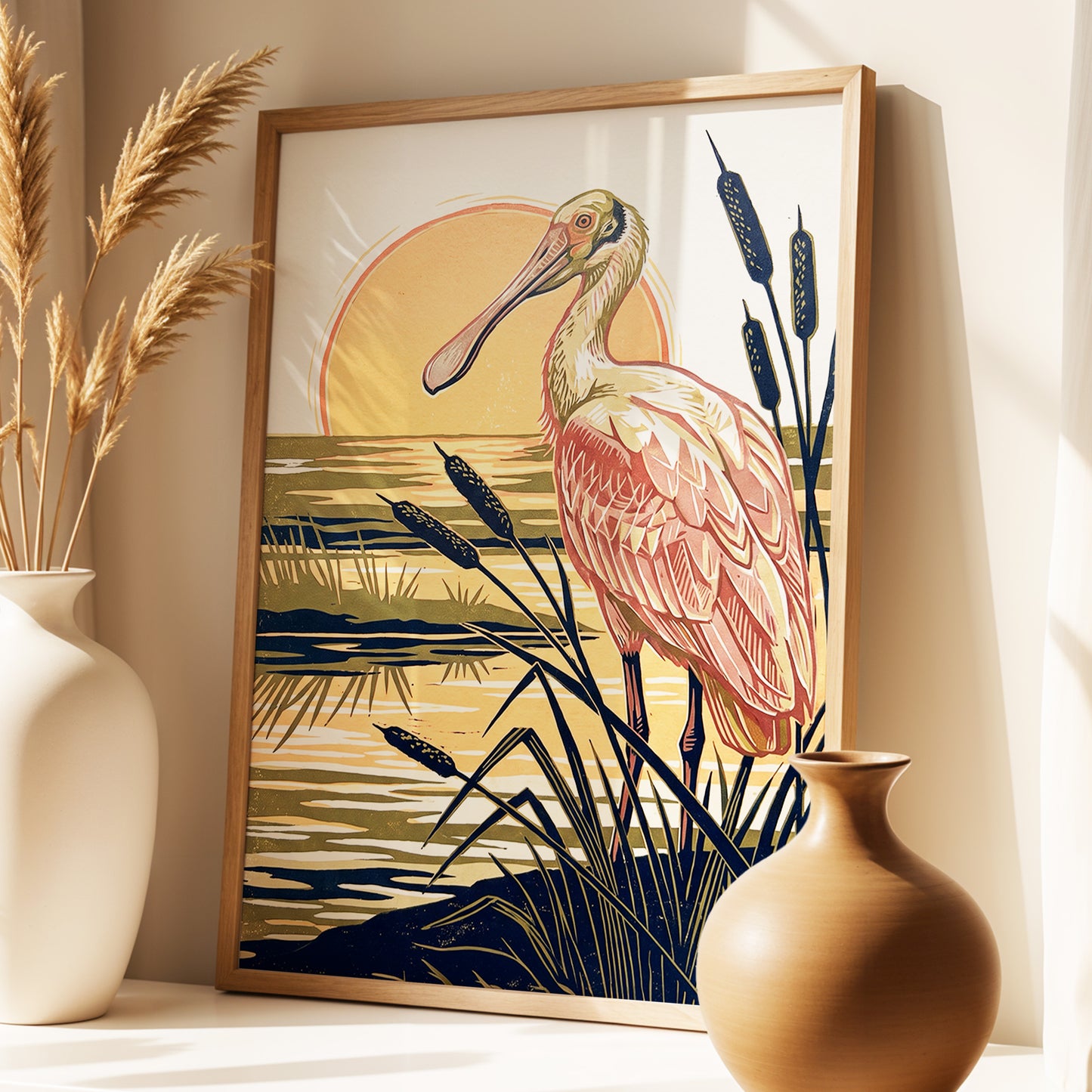 Spoonbill at Sunset, orange, blue, beige nature wall art displayed in a styled interior, gallery view 6