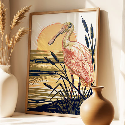 Spoonbill at Sunset, orange, blue, beige nature wall art displayed in a styled interior, gallery view 6