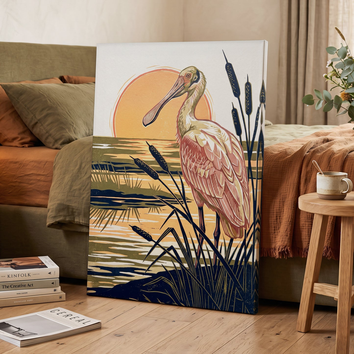 Spoonbill at Sunset, orange, blue, beige nature wall art displayed in a styled interior, gallery view 7