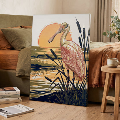Spoonbill at Sunset, orange, blue, beige nature wall art displayed in a styled interior, gallery view 7