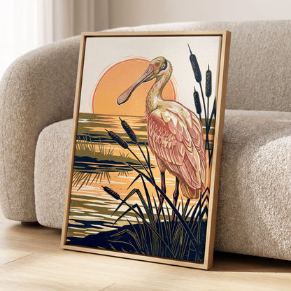 Spoonbill at Sunset, orange, blue, beige nature wall art displayed in a styled interior, gallery view 8