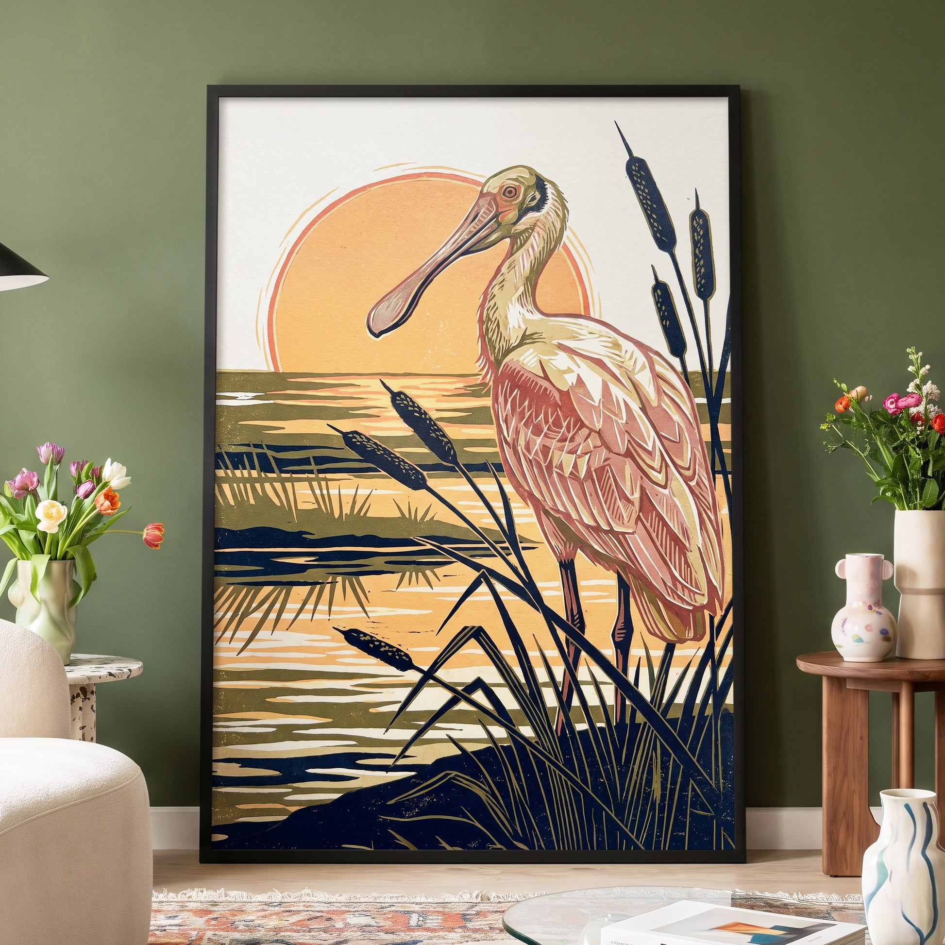 Spoonbill at Sunset, orange, blue, beige nature wall art displayed in a styled interior, gallery view 9