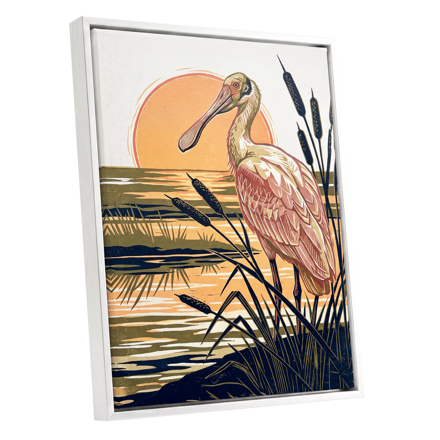 Spoonbill at Sunset, orange, blue, beige nature wall art shown as a white framed canvas wall art