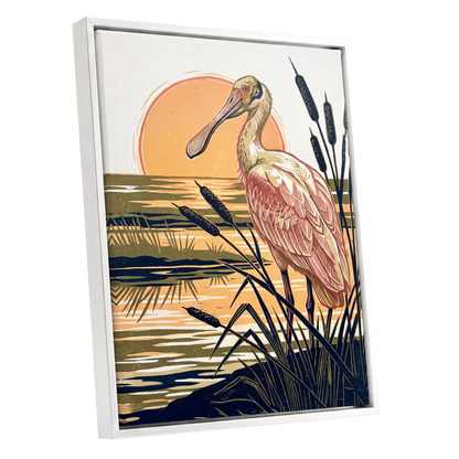 Spoonbill at Sunset, orange, blue, beige nature wall art shown as a white framed canvas wall art