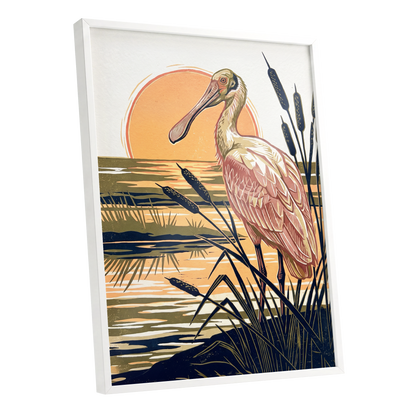 Spoonbill at Sunset, orange, blue, beige nature wall art shown as a white framed poster wall art print