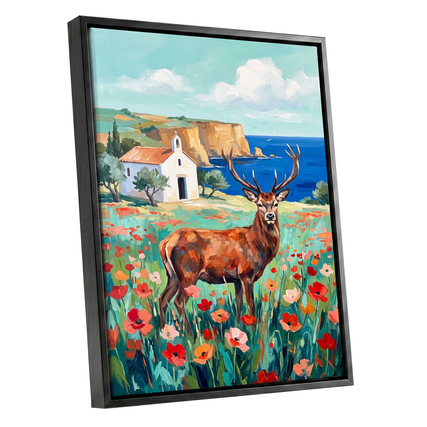 Stag Above the Azure Bay, blue, green, red nature wall art shown as a black framed canvas wall art