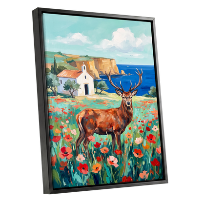 Stag Above the Azure Bay, blue, green, red nature wall art shown as a black framed canvas wall art